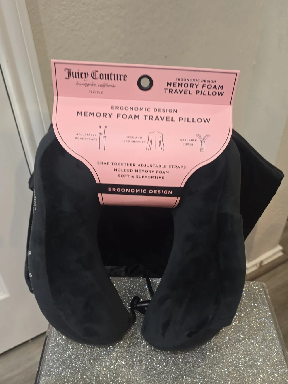 Juicy Couture Home Rhinestone Goddess Memory Foam Travel Pillow- Black